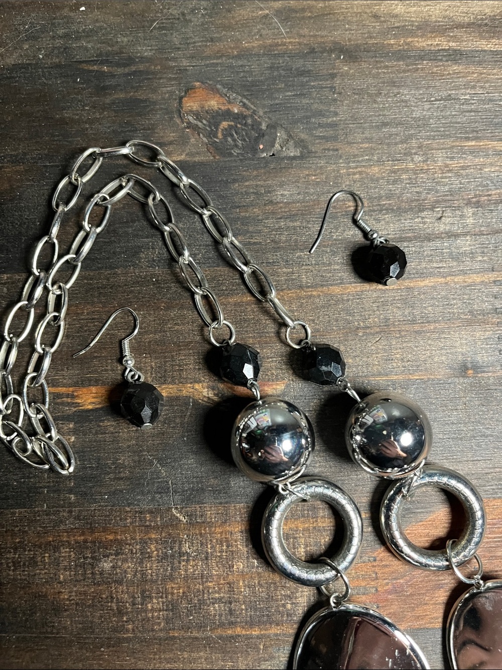 Silver-Tone Oval & Ring Statement Necklace with Black Bead Accents - Picture 2 of 3